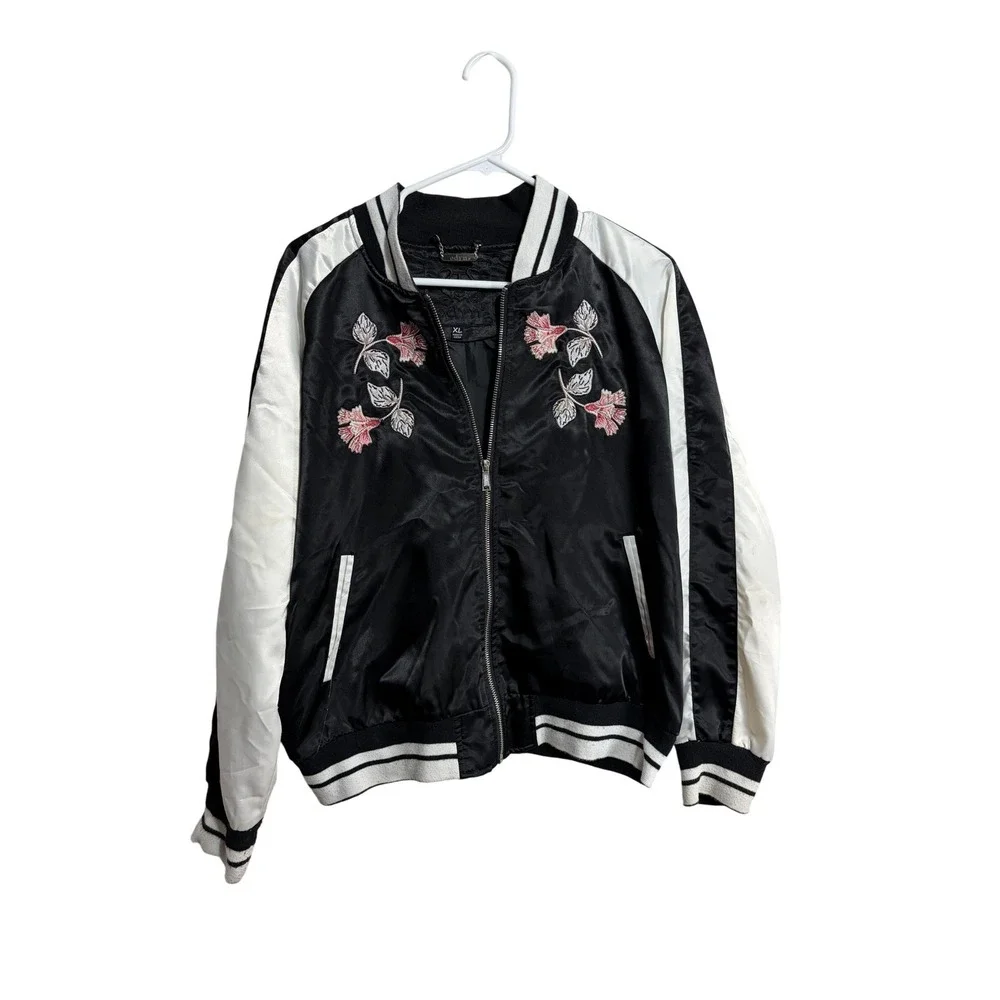Odyn Womens XL Satin Floral Embroidered Bomber Jacket Black White Sporty Retro